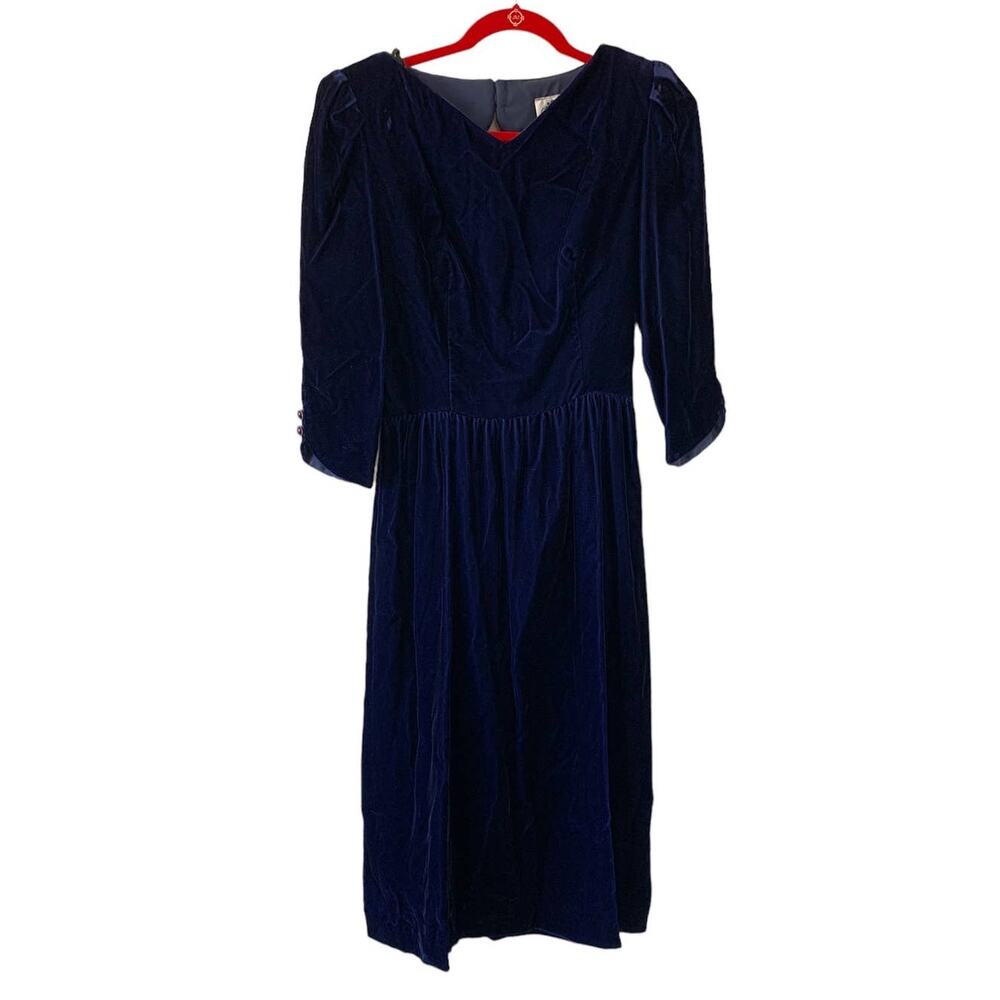 Lanz Originals Vintage 80s Made in USA Navy Velvet Dress Size 8